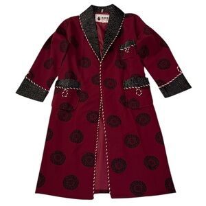 Smoking Jacket Robe Burgundy Red Chinese Shou Motif Shawl Collar Brocade Large